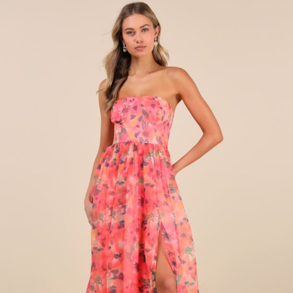 NWT - Lulus Wonderful Waltz Coral Floral Print Strapless Bustier Maxi Dress Pink